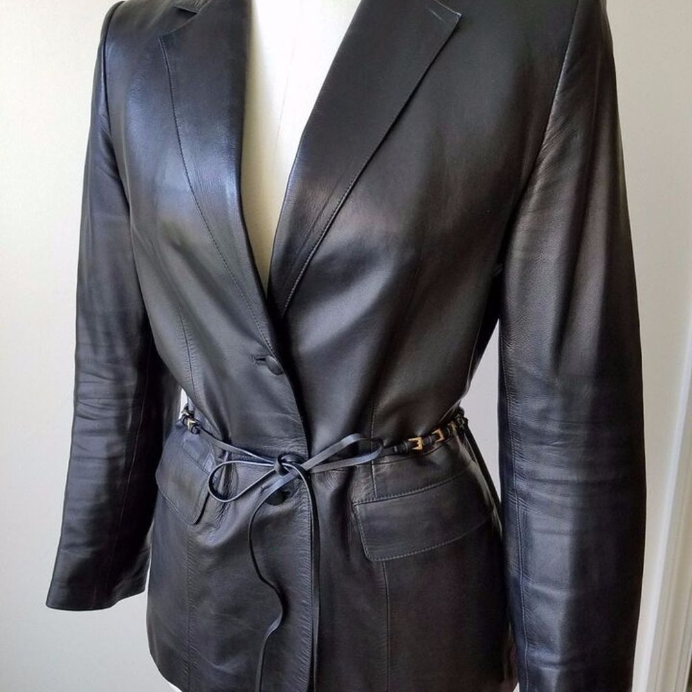 PRADA Vintage WOMAN MILANO BLACK SOFT LEATHER BLAZER JACKET SIZE EU 46 - Picture 8 of 10